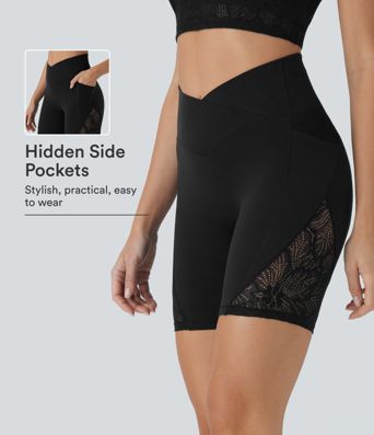 Softlyzero™ High Waisted Crossover Contrast Lace Yoga Biker Shorts 7'' with Pockets-UPF50+