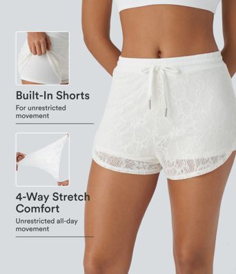 Mid Rise Drawstring 2-in-1 Curved Hem Lace Yoga Shorts