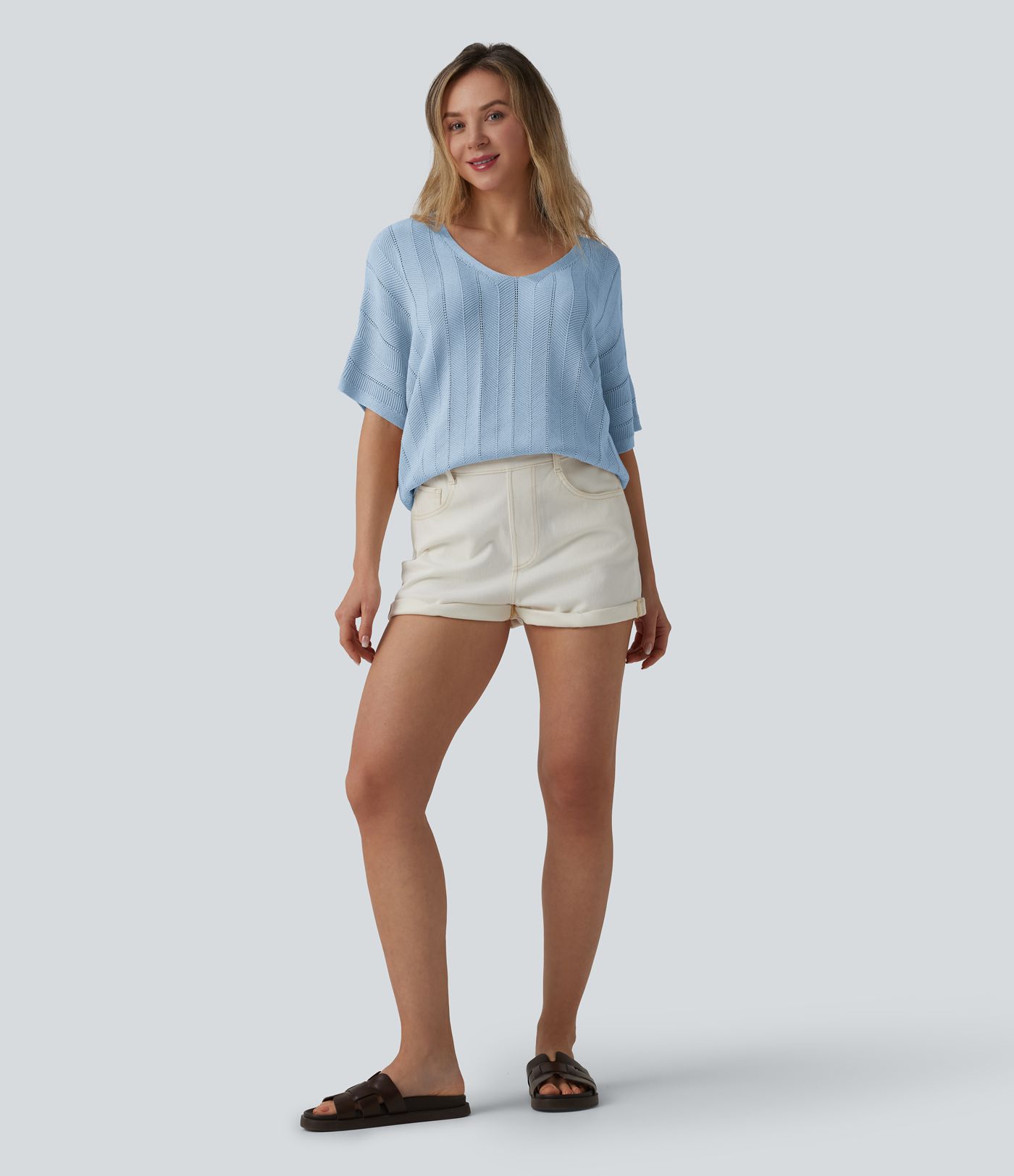 V Neck Short Sleeve Casual Jumper