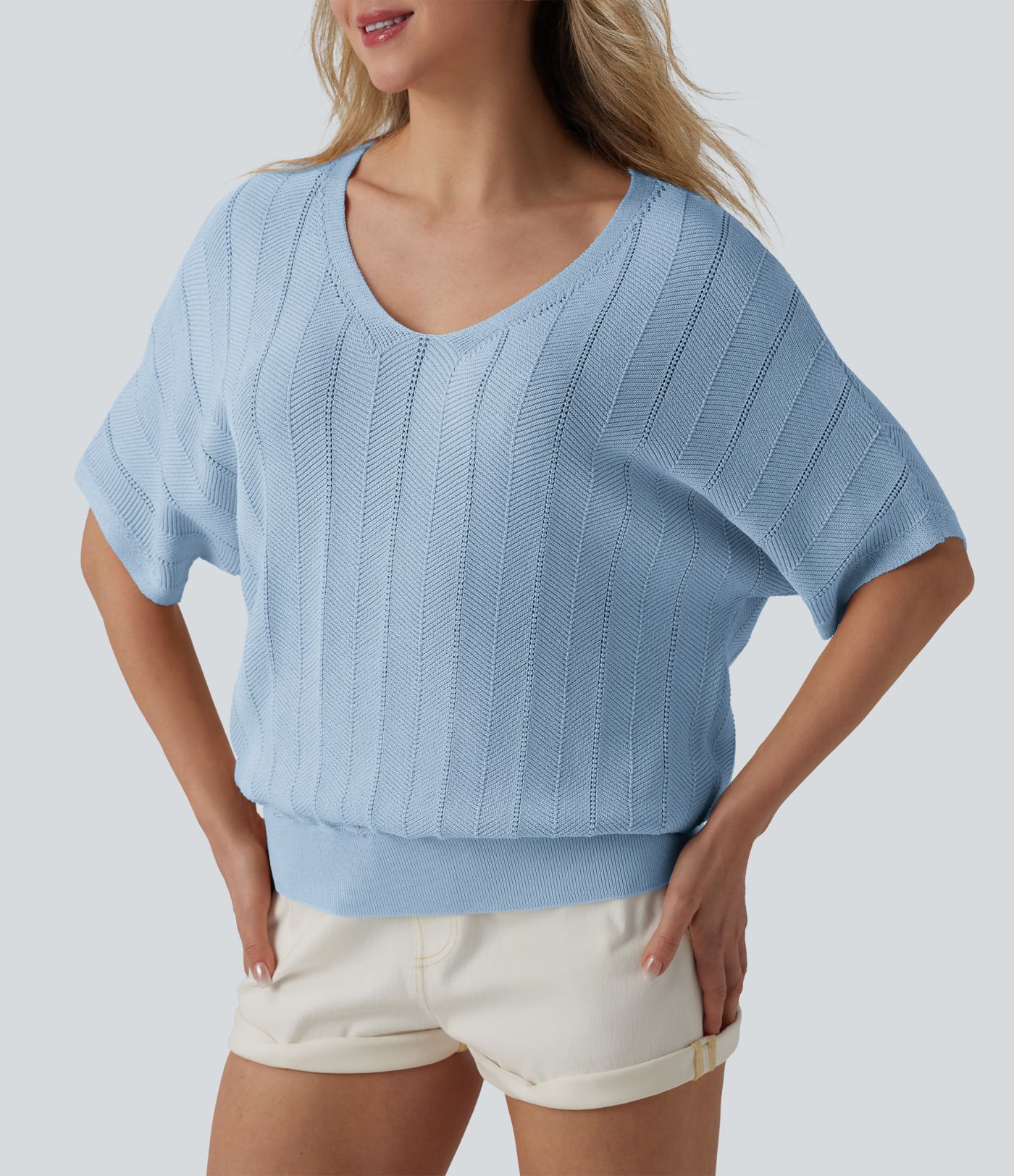 V Neck Short Sleeve Casual Jumper