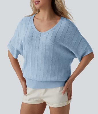 V Neck Short Sleeve Casual Jumper