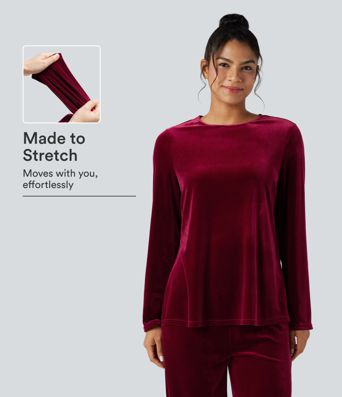 Round Neck Long Sleeve Split Hem Velvet Lounge Top Round Neck Long Sleeve Split Hem Velvet Lounge Top