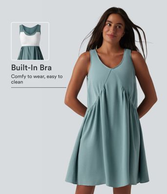V Neck Built-in Bra Sleeveless Mini Linen-Feel Dress