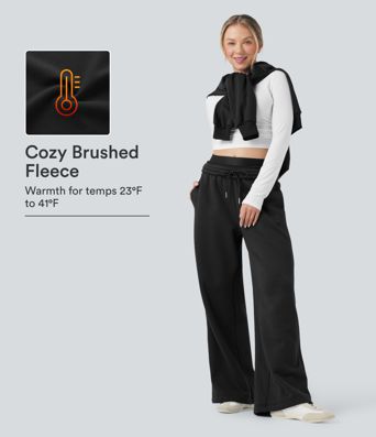High Waisted Drawstring Wide Leg Fleece Casual Cotton Pants with Pockets