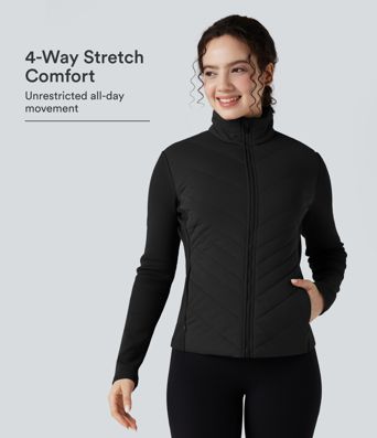 High-neck Contrast Ribbed Slim Casual Quilted Jacket with Pockets High-neck Contrast Ribbed Slim Casual Quilted Jacket with Pockets