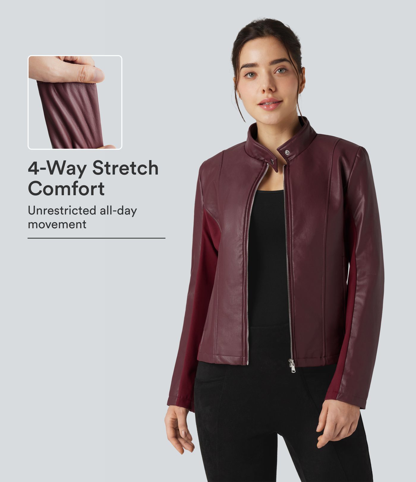 Stand Collar Zipper Long Sleeve Fleece Casual PU Faux Leather Jacket with Pockets Stand Collar Zipper Long Sleeve Fleece Casual PU Faux Leather Jacket with Pockets