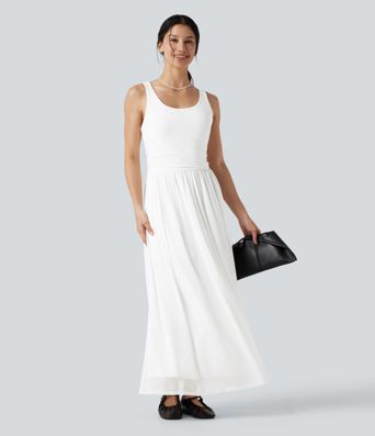 U-Neck Sleeveless Mesh Overlay Built-in Bra Maxi Casual Flowy Dress with Pockets U-Neck Sleeveless Mesh Overlay Built-in Bra Maxi Casual Flowy Dress with Pockets