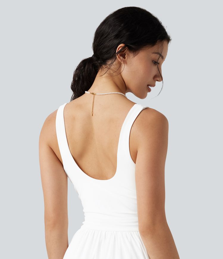 U-Neck Sleeveless Mesh Overlay Built-in Bra Maxi Casual Flowy Dress with Pockets U-Neck Sleeveless Mesh Overlay Built-in Bra Maxi Casual Flowy Dress with Pockets