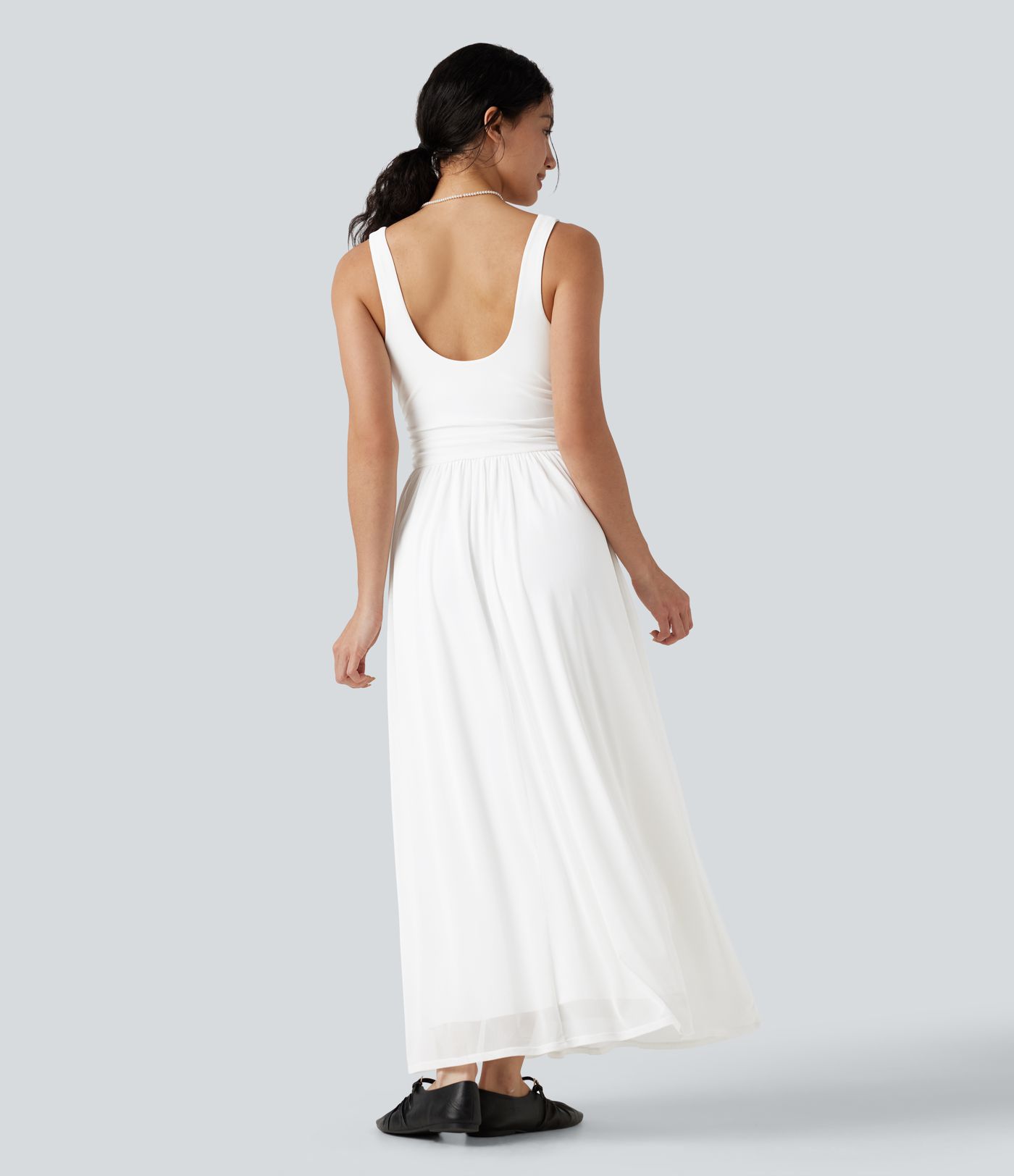 U-Neck Sleeveless Mesh Overlay Built-in Bra Maxi Casual Flowy Dress with Pockets U-Neck Sleeveless Mesh Overlay Built-in Bra Maxi Casual Flowy Dress with Pockets