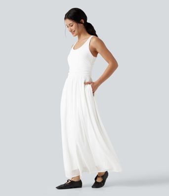 U-Neck Sleeveless Mesh Overlay Built-in Bra Maxi Casual Flowy Dress with Pockets