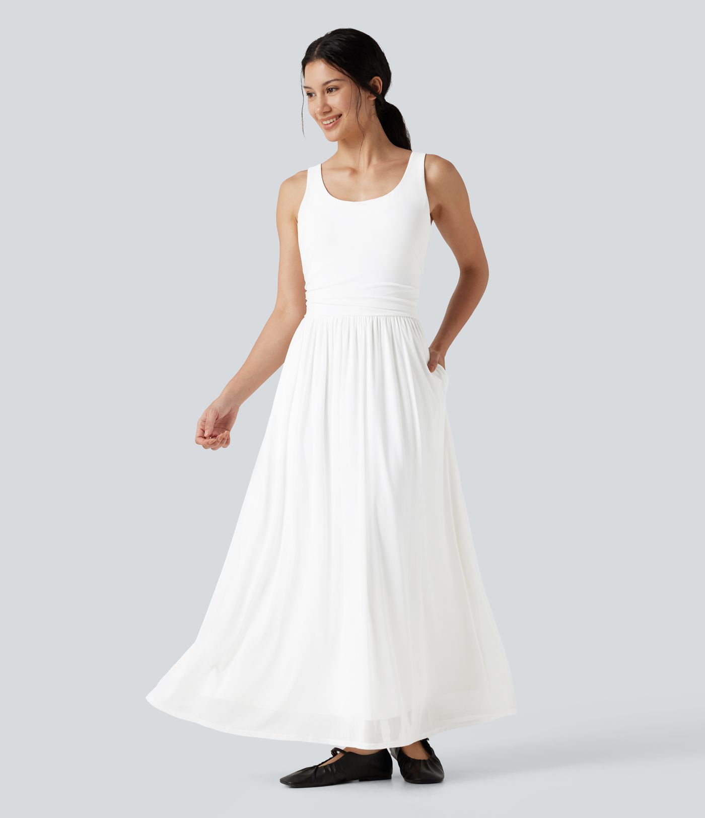 U-Neck Sleeveless Mesh Overlay Built-in Bra Maxi Casual Flowy Dress with Pockets U-Neck Sleeveless Mesh Overlay Built-in Bra Maxi Casual Flowy Dress with Pockets