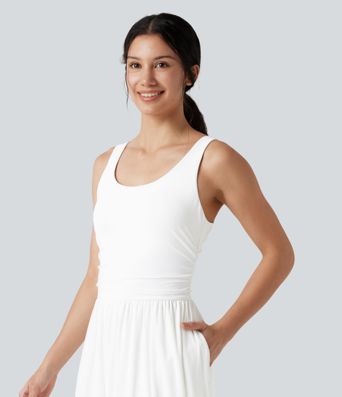 U-Neck Sleeveless Mesh Overlay Built-in Bra Maxi Casual Flowy Dress with Pockets U-Neck Sleeveless Mesh Overlay Built-in Bra Maxi Casual Flowy Dress with Pockets