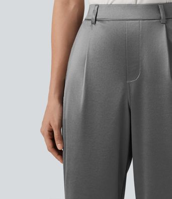 High Waisted Straight Leg Satin Work Pants with Pockets
