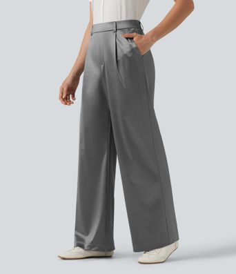 High Waisted Straight Leg Satin Work Pants with Pockets