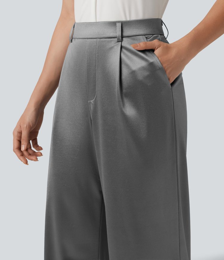High Waisted Straight Leg Satin Work Pants with Pockets