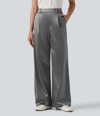High Waisted Straight Leg Satin Work Pants with Pockets