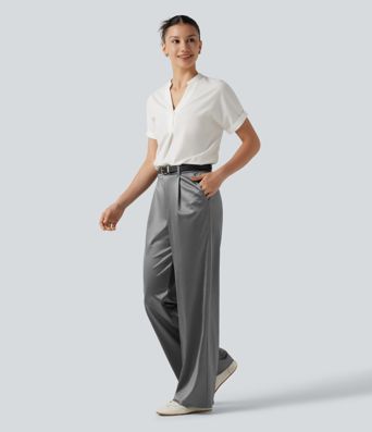 High Waisted Straight Leg Satin Work Pants with Pockets