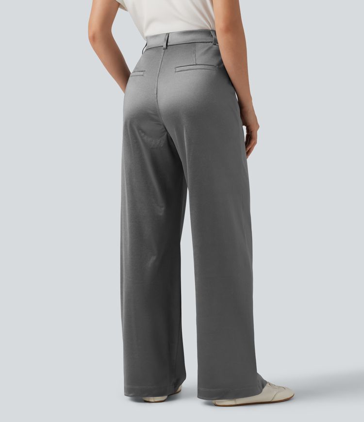 High Waisted Straight Leg Satin Work Pants with Pockets