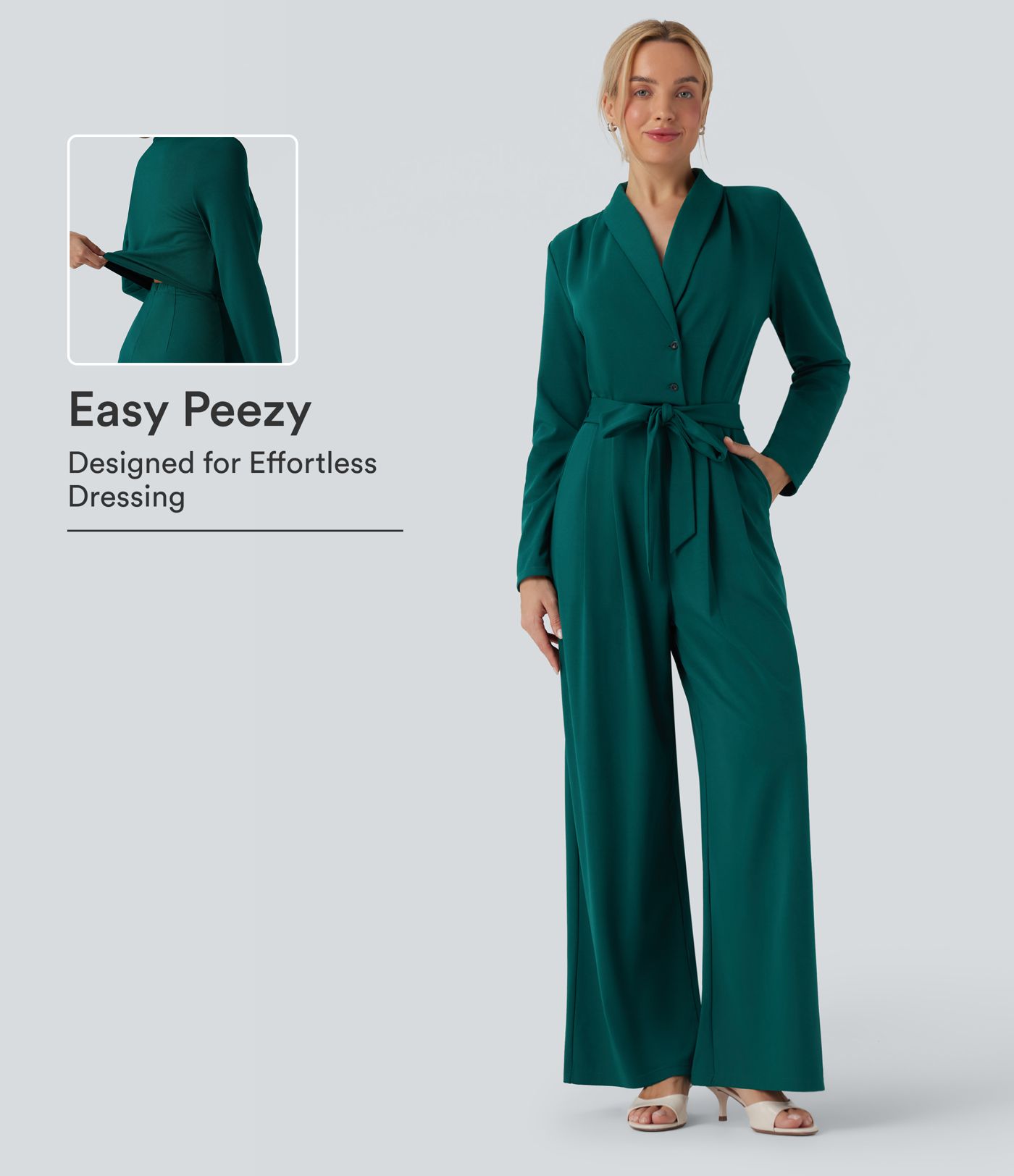 V-neck Long Sleeve Belted Jumpsuit with Pockets-Easy Peezy V-neck Long Sleeve Belted Jumpsuit with Pockets-Easy Peezy
