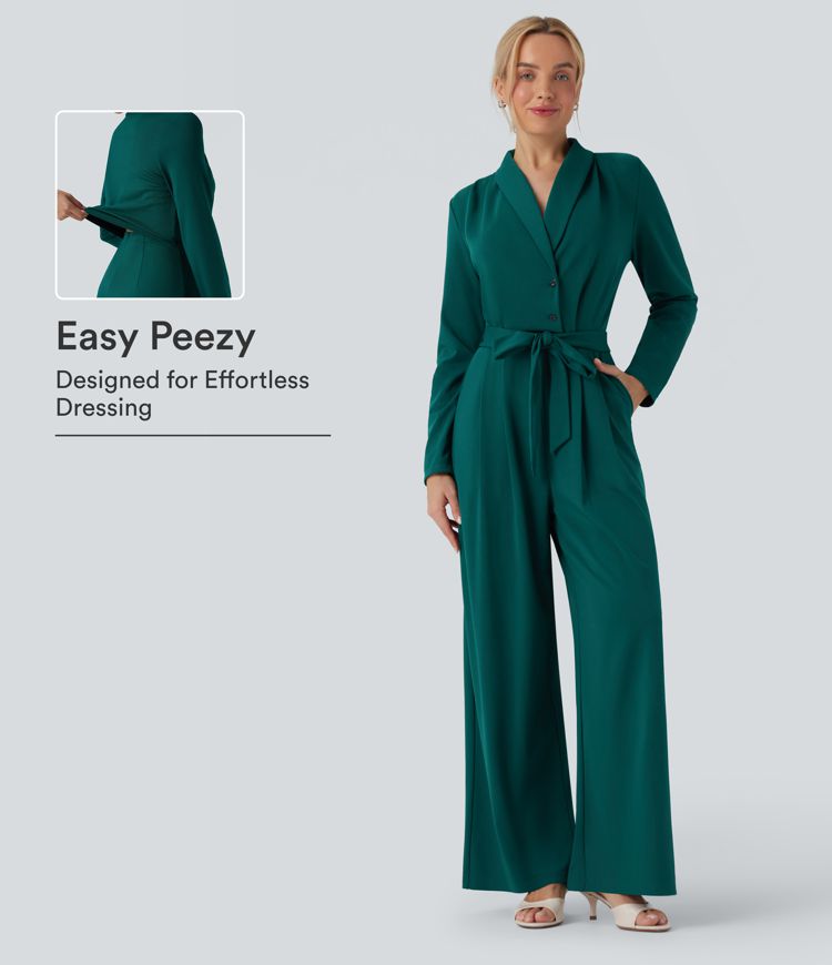 V-neck Long Sleeve Belted Jumpsuit with Pockets-Easy Peezy V-neck Long Sleeve Belted Jumpsuit with Pockets-Easy Peezy