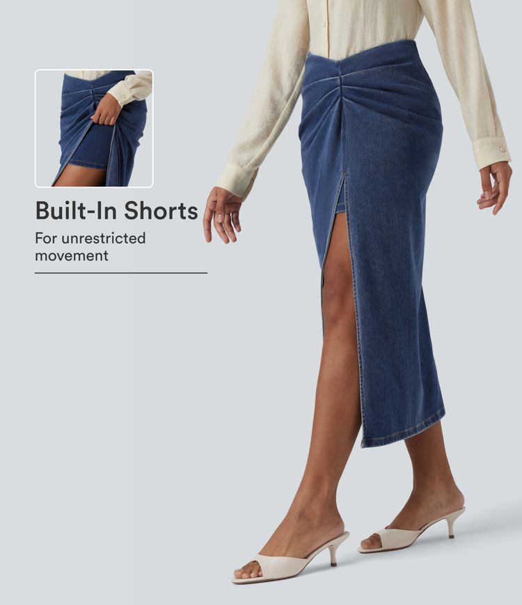 Halara Flex™ Falda midi casual de denim con cintura alta y corte 2 en 1 bodycon Halara Flex™ Falda midi casual de denim con cintura alta y corte 2 en 1 bodycon