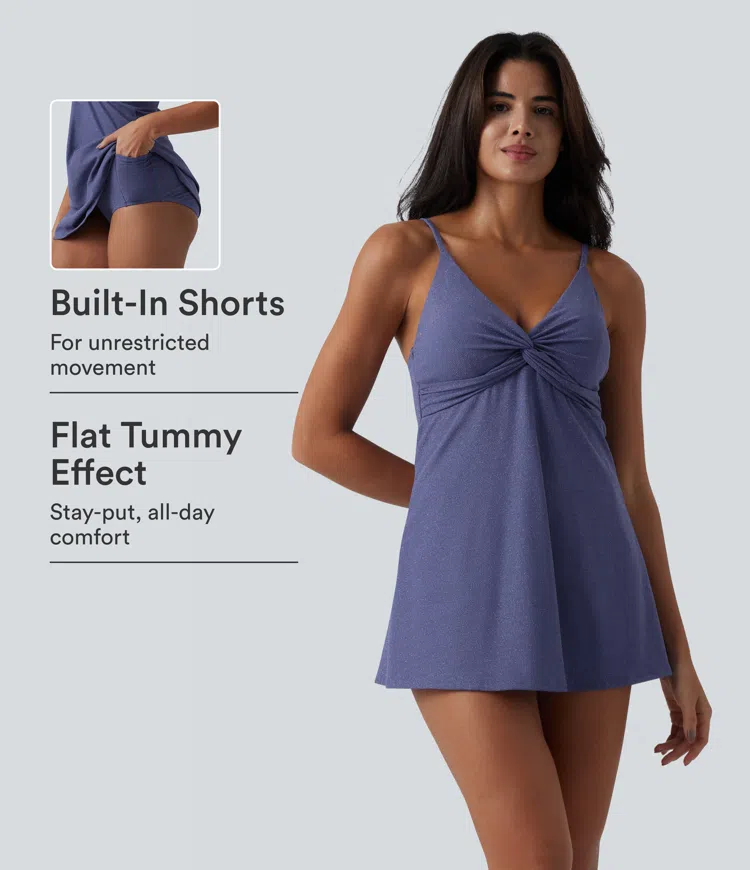 V Neck Built-in Bra Tummy Control One-Piece Metallic Swimsuit with Pockets