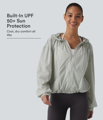 Lightweight Hooded Drawstring Long Sleeve Running Jacket with Pockets-UPF50+