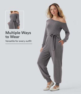 Off-Shoulder Long Sleeve Tie Casual Jumpsuit with Pockets
