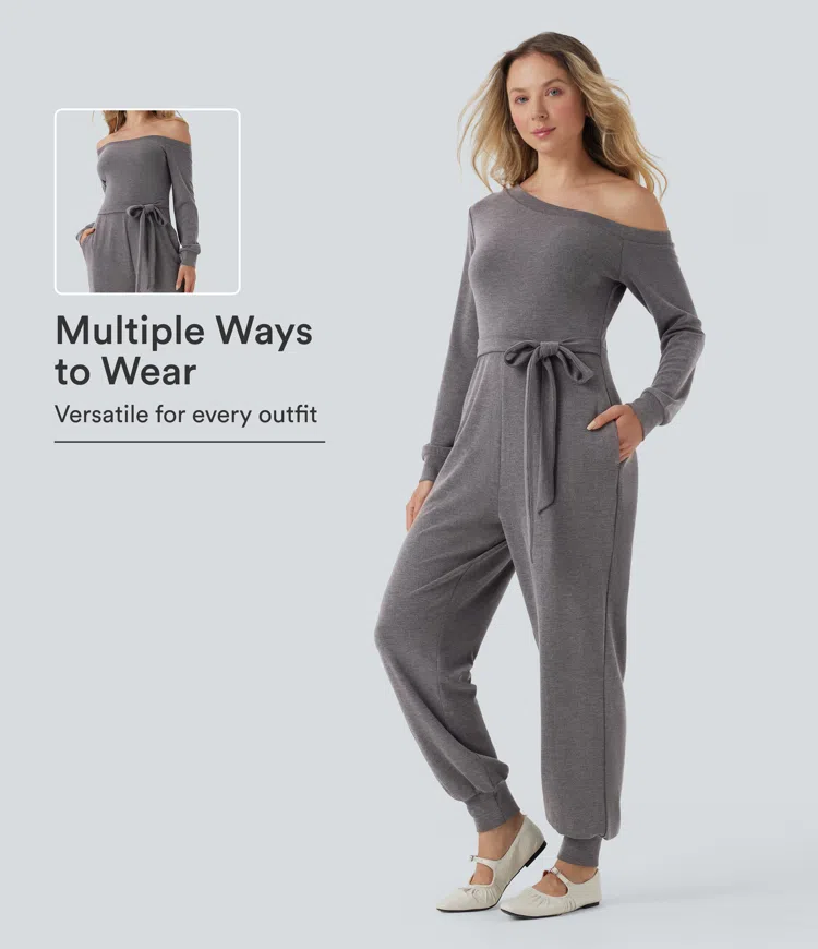Excalibur Off-Shoulder Long Sleeve Tie Casual Jumpsuit with Pockets / 1