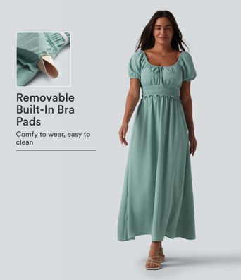 Square Neck Puff Sleeve Shirred Built-in Bra Maxi Casual Flowy Linen-Feel Dress with Pockets Square Neck Puff Sleeve Shirred Built-in Bra Maxi Casual Flowy Linen-Feel Dress with Pockets