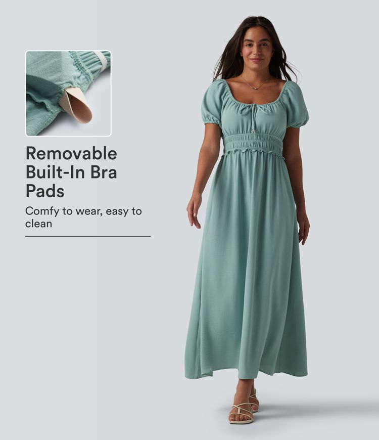 Square Neck Puff Sleeve Shirred Built-in Bra Maxi Casual Flowy Linen-Feel Dress with Pockets Square Neck Puff Sleeve Shirred Built-in Bra Maxi Casual Flowy Linen-Feel Dress with Pockets