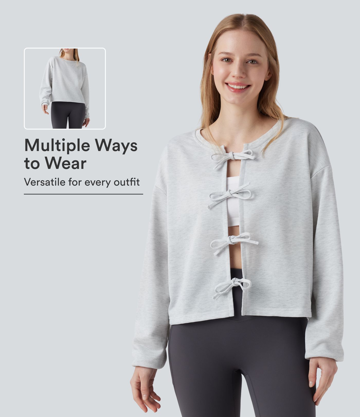 Reversible Round Neck Tie Front Long Sleeve Casual Sweatshirt (Two Looks in One) Reversible Round Neck Tie Front Long Sleeve Casual Sweatshirt (Two Looks in One)