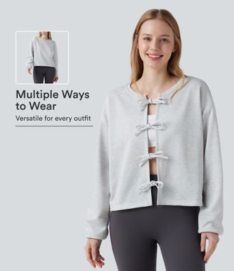 Reversible Round Neck Tie Front Long Sleeve Casual Sweatshirt (Two Looks in One) Reversible Round Neck Tie Front Long Sleeve Casual Sweatshirt (Two Looks in One)