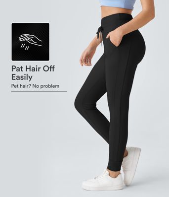 Patitoff™ Flow Pet Hair Resistant High Waisted Drawstring Pocket Plain Full Length Joggers
