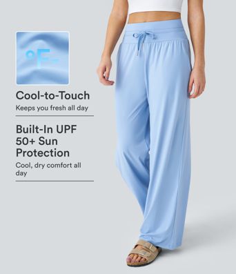Pantalon Décontracté à Jambe Large avec Poches, Taille Haute, Cordon de Serrage et Protection UV UPF50+