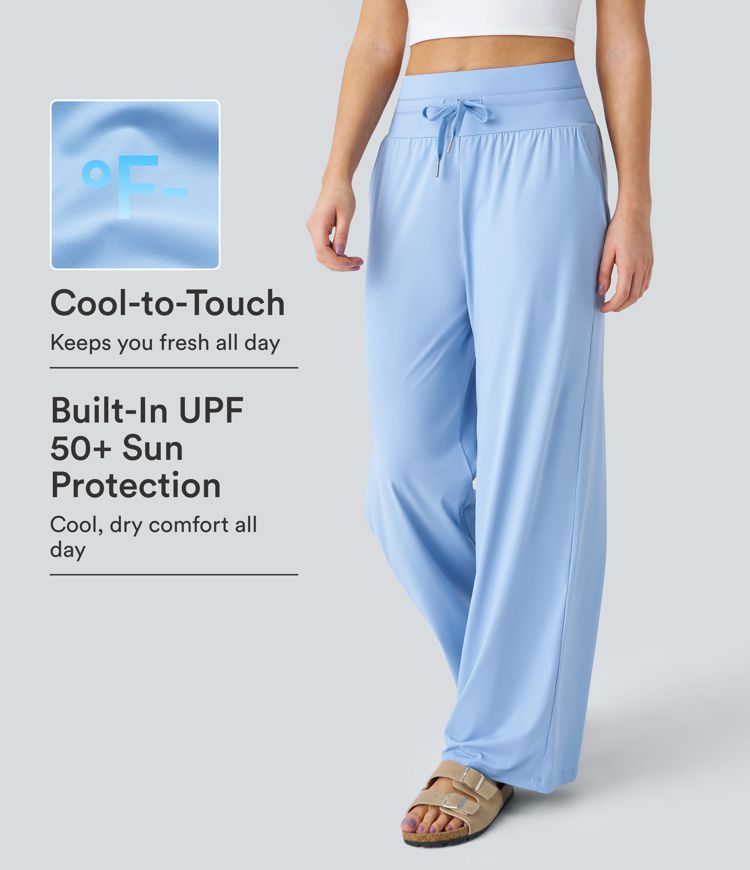 Pantalon Décontracté à Jambe Large avec Poches, Taille Haute, Cordon de Serrage et Protection UV UPF50+