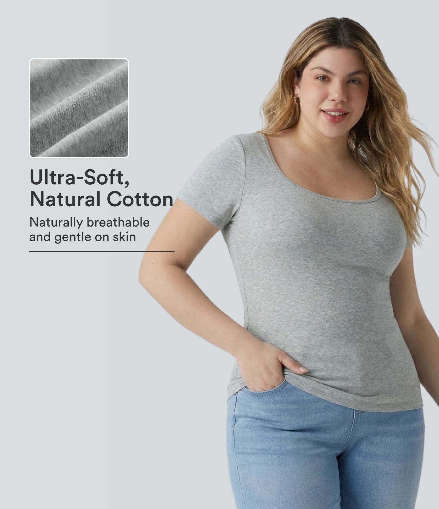 Halara Cotton Jersey Square Neck Short Sleeve Ultra-slim Heathered Casual Plus Size T-Shirt Halara Cotton Jersey Square Neck Short Sleeve Ultra-slim Heathered Casual Plus Size T-Shirt
