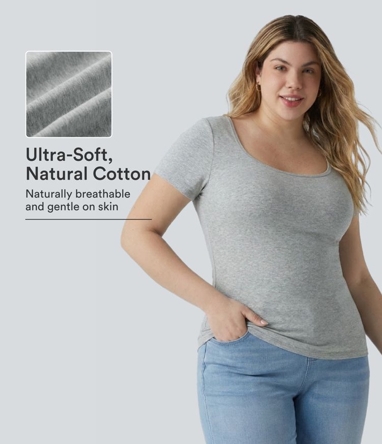 Halara Cotton Jersey Square Neck Short Sleeve Ultra-slim Heathered Casual Plus Size T-Shirt Halara Cotton Jersey Square Neck Short Sleeve Ultra-slim Heathered Casual Plus Size T-Shirt