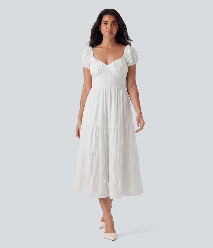 Queen Anne Neck Puff Sleeve Shirred Midi Casual Tiered Dress with Pockets Queen Anne Neck Puff Sleeve Shirred Midi Casual Tiered Dress with Pockets