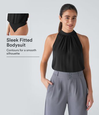 Keyhole Back Halter Sleeveless Work Bodysuit