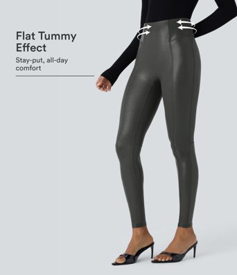 SoCinched Leggings de Cintura Alta con Control de Abdomen, Estampado Metálico de Cuero Sintético Elásticas