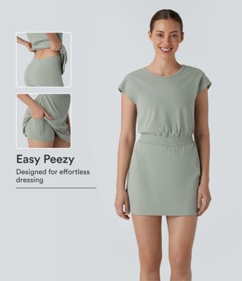 DayStretch Round Neck Short Sleeve 2-in-1 Pocket Mini Yoga Active Dress-Easy Peezy Edition