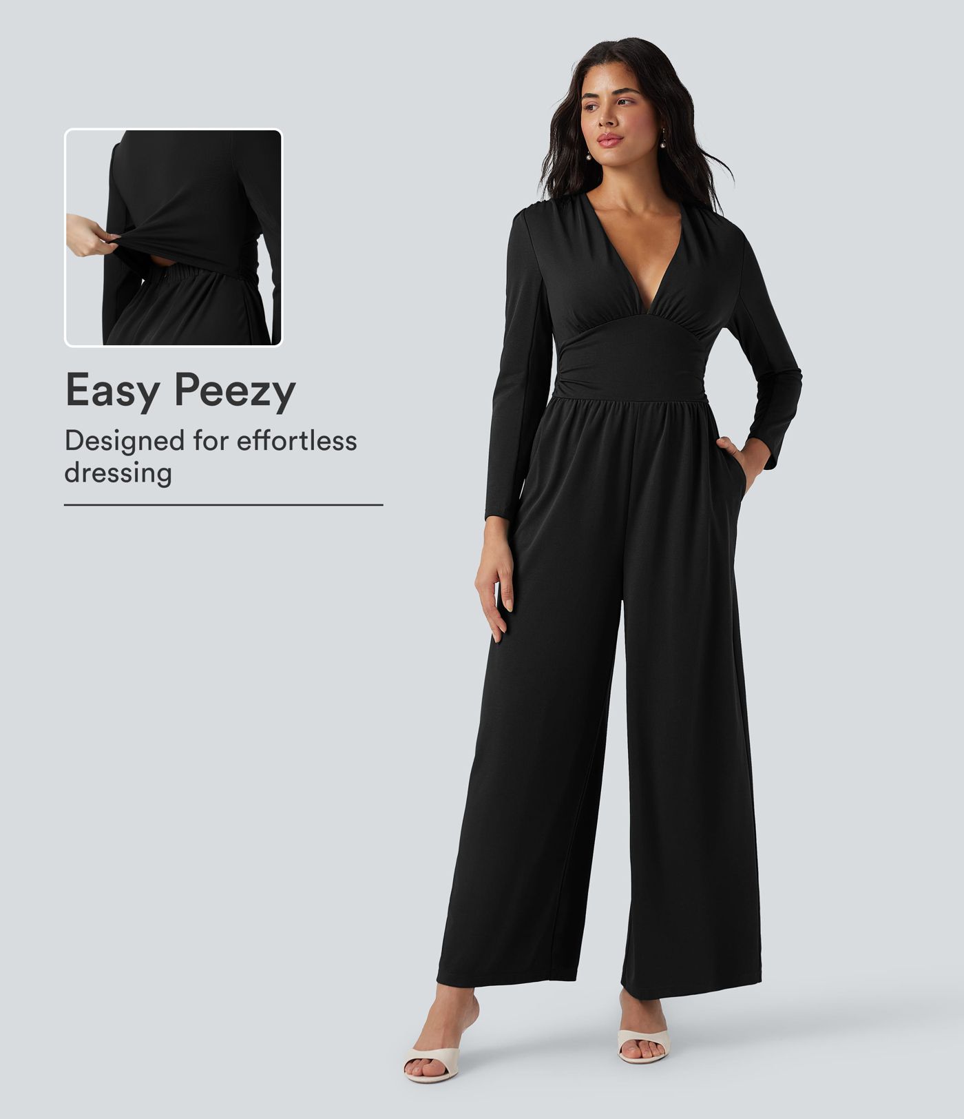 V Neck Long Sleeve Ruched Jumpsuit with Pockets-Easy Peezy Edition V Neck Long Sleeve Ruched Jumpsuit with Pockets-Easy Peezy Edition