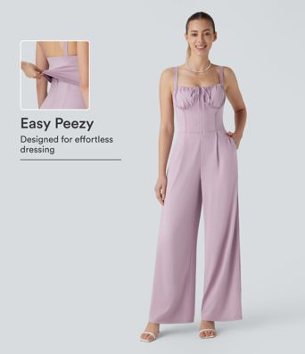 Square Neck Drawstring Ruched Milkmaid Pocket Wide Leg Jumpsuit-Easy Peezy