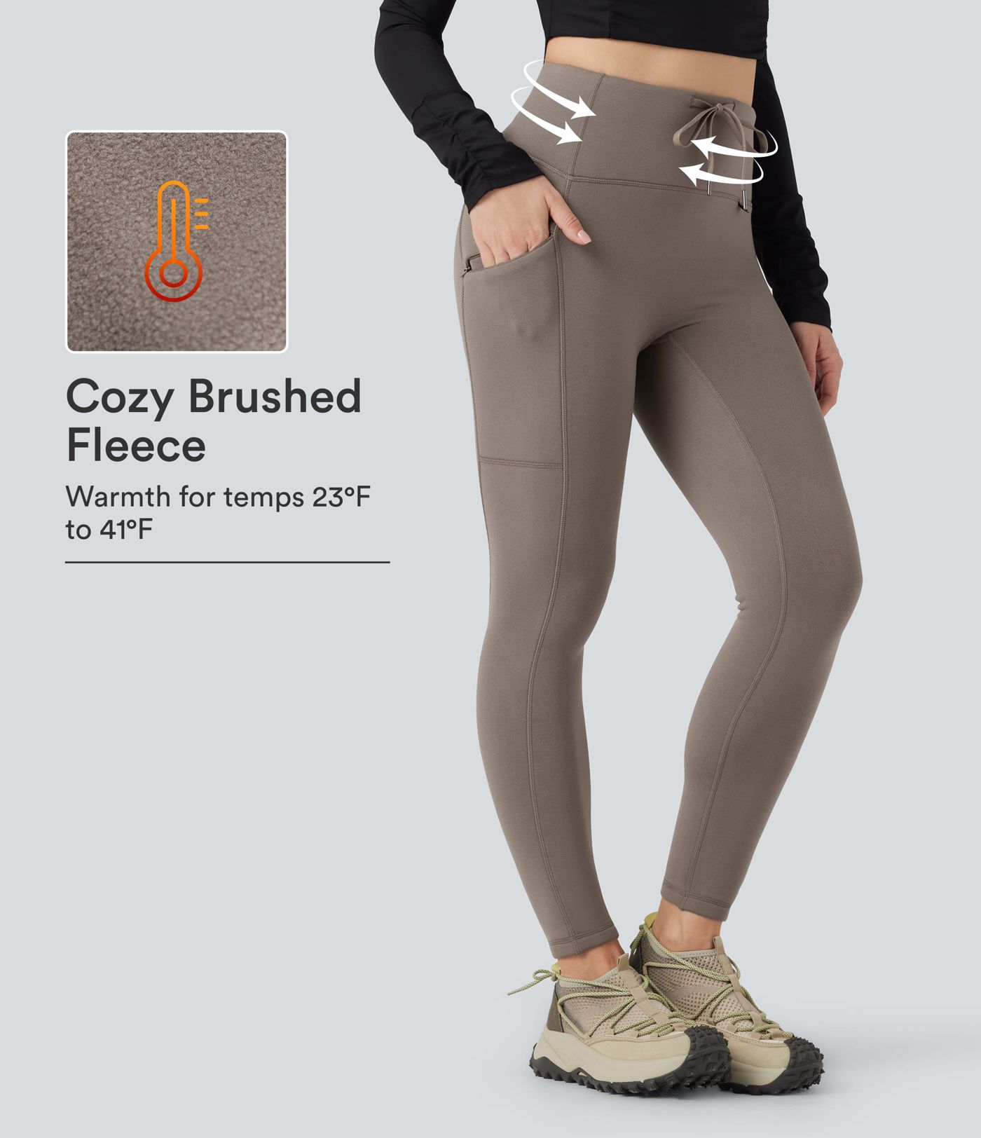 Fleece-Wanderleggings mit hoher Taille, Kordelzug, 7/8-Länge und Tasche Fleece-Wanderleggings mit hoher Taille, Kordelzug, 7/8-Länge und Tasche