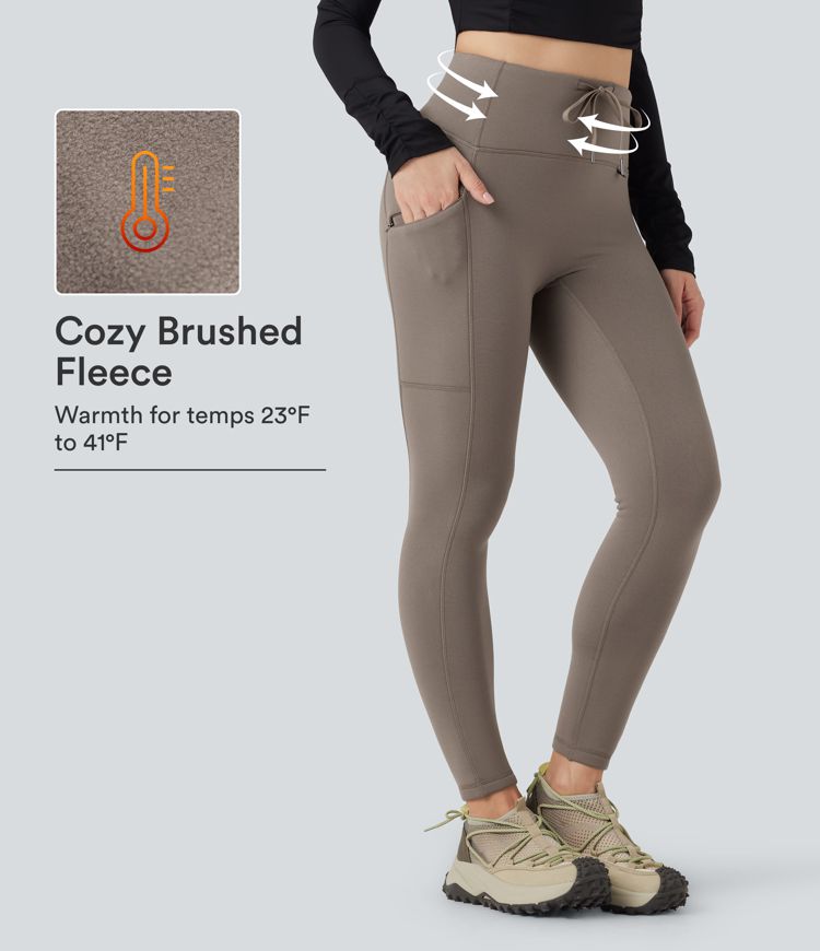 Fleece-Wanderleggings mit hoher Taille, Kordelzug, 7/8-Länge und Tasche Fleece-Wanderleggings mit hoher Taille, Kordelzug, 7/8-Länge und Tasche