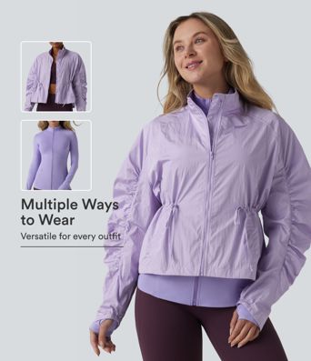 Durable Water Repellent Stand Collar Ruched Sleeve Drawstring Thumb Holes Hiking 3-in-1 Jacket with Pockets