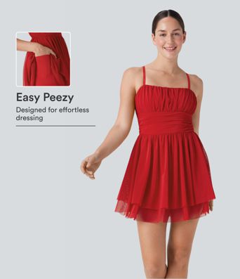Ruched Tiered Mesh Overlay 2-in-1 Mini Dance Slip Active Dress with Pocket-Easy Peezy