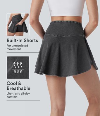 Halara Flex™ High Waisted Crossover 2-in-1 Cool Touch Washed Denim Mini Casual Skirt with Pocket