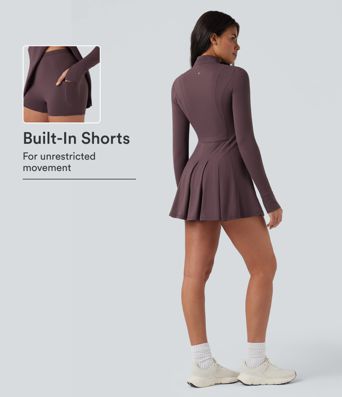 SoftlyZero™ Plush Half Zip Long Sleeve Thumb Hole 2-Piece Mini Tennis Active Dress with Pockets